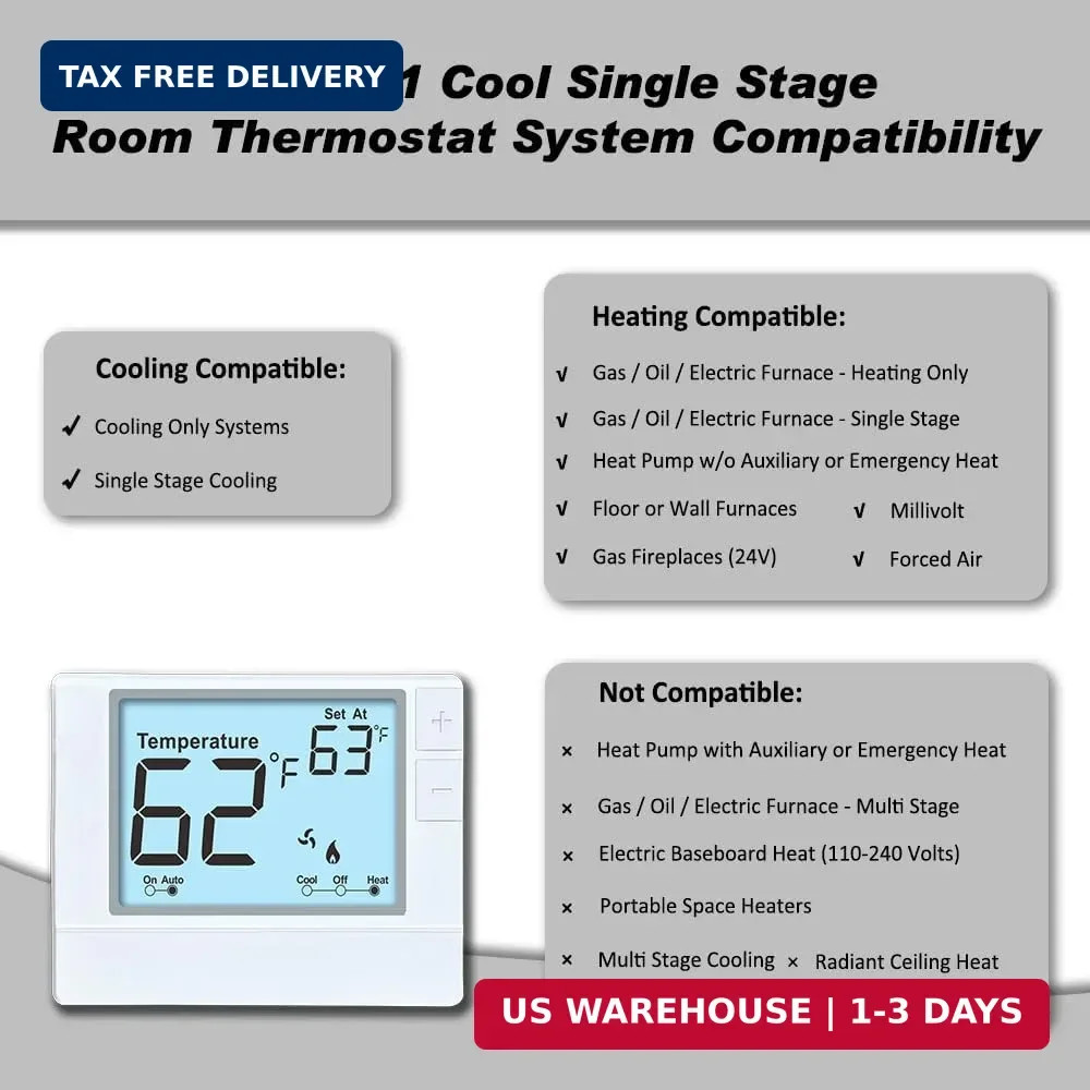 Non-Programmable Thermostat for Conventional Single-Stage Systems, 1 Heat/1 Cool