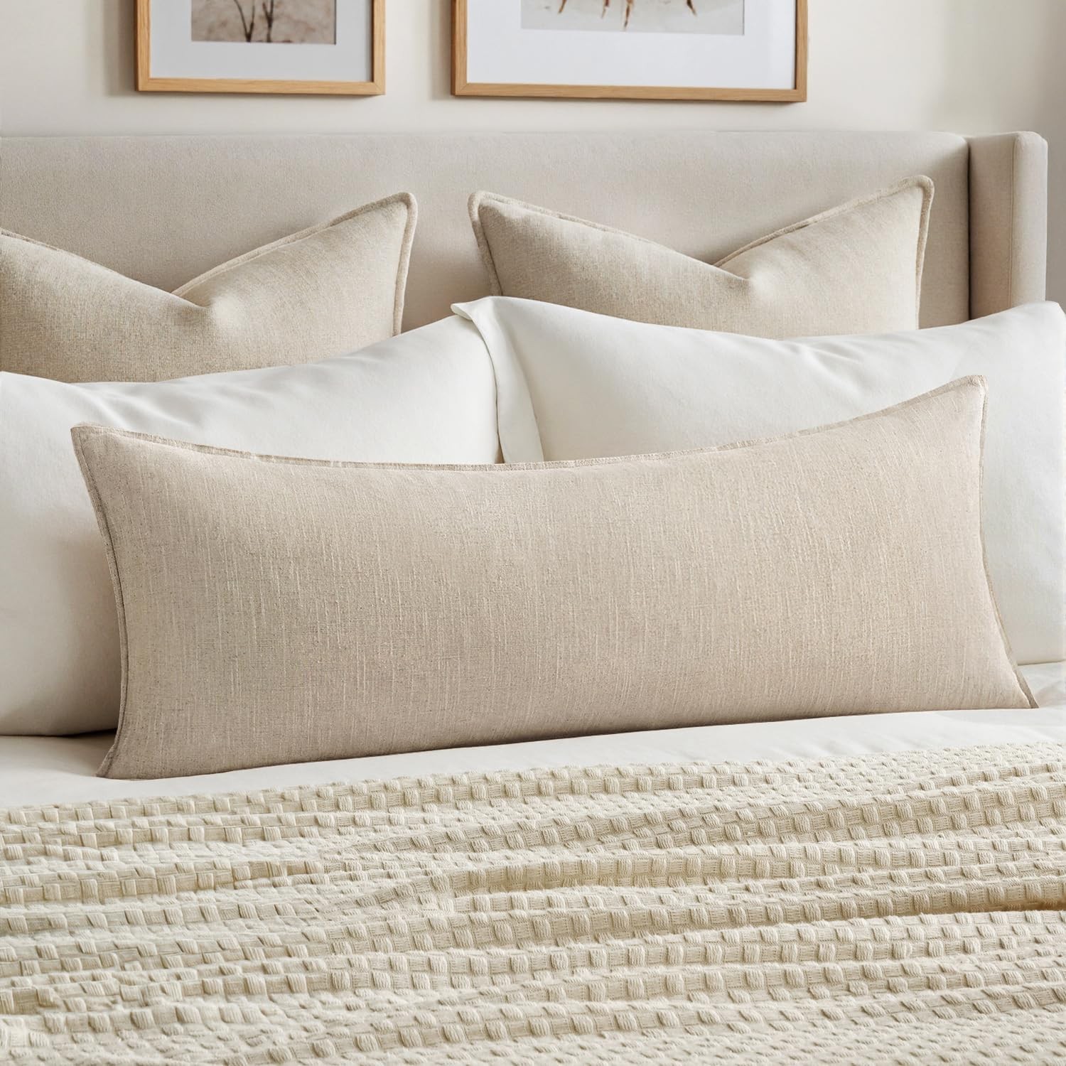 Decorative Long Lumbar Throw Pillow Cover for Bed 14x36 Natural Beige Boho Fa...