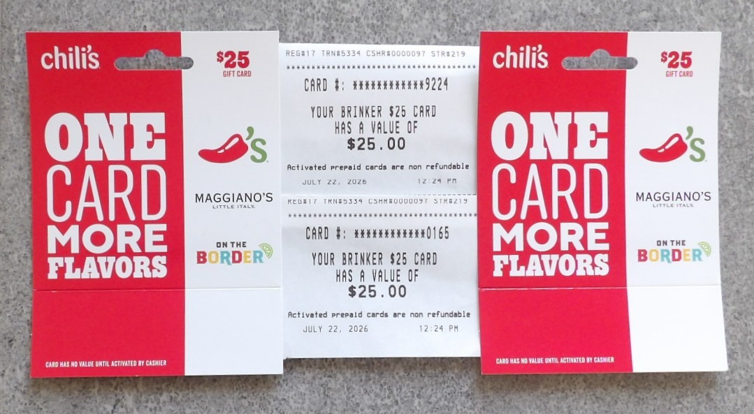 $50 Chilli's Gift Cards + Activation Receipt Never Expire + Restraurant Choices