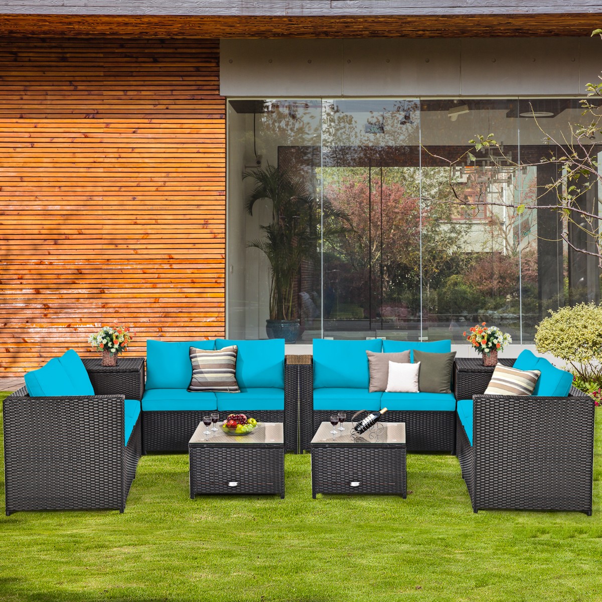 8PCS Outdoor Patio Rattan Furniture Set Cushion Loveseat Storage Table Turquoise
