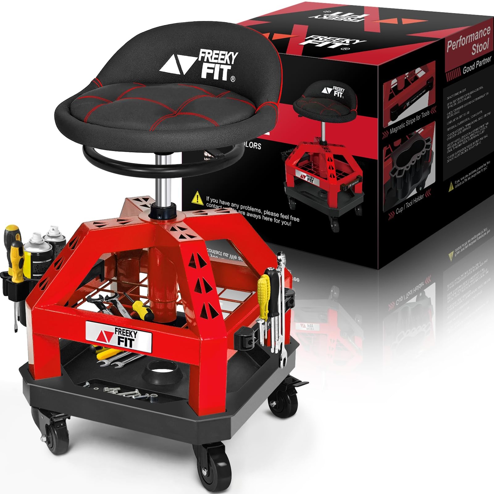 Rolling Shop Stool 330 LBS Capacity 360 Swivel Padded Mechanic Red Heavy Duty
