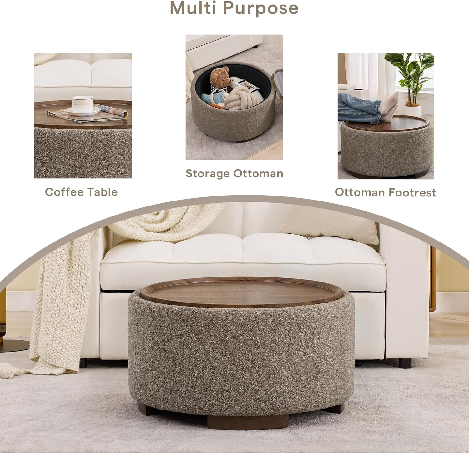 29.5 Inch round Storage Ottoman Coffee Table,Modern Circle Coffee Table with Sto