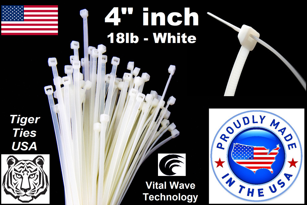 200 White 4" inch Wire Cable Zip Ties Nylon Tie Wraps 18lb USA Made Tiger Ties