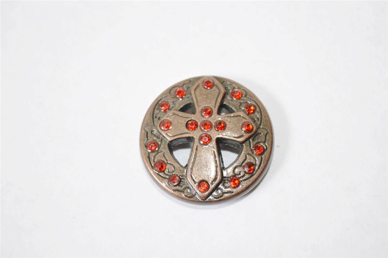 New Enmon Red Rhinestone Cross Concho Leather Western 1 1/8" Round Tack Belt
