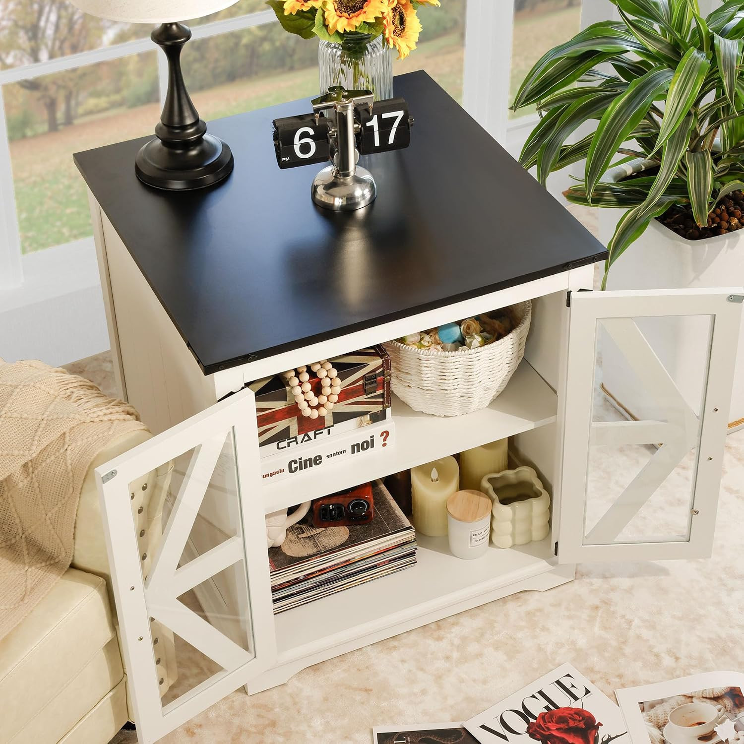 Farmhouse End Table, 24" Large End Tables with Storage, Rustic Square Sofa besid