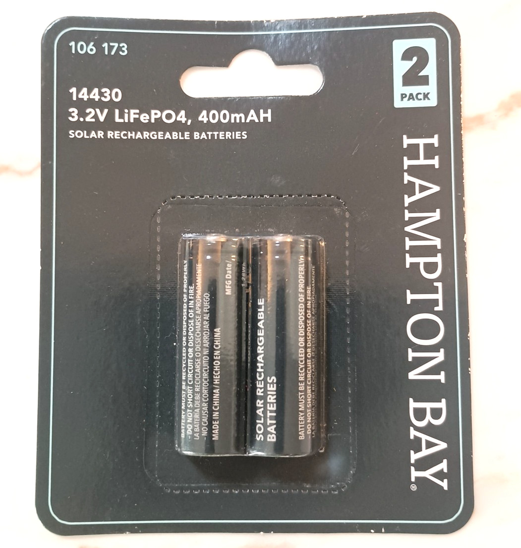 2-Pack Hampton Bay 3.2V LiFePO4 400mAH Solar Rechargeable Batteries 14430