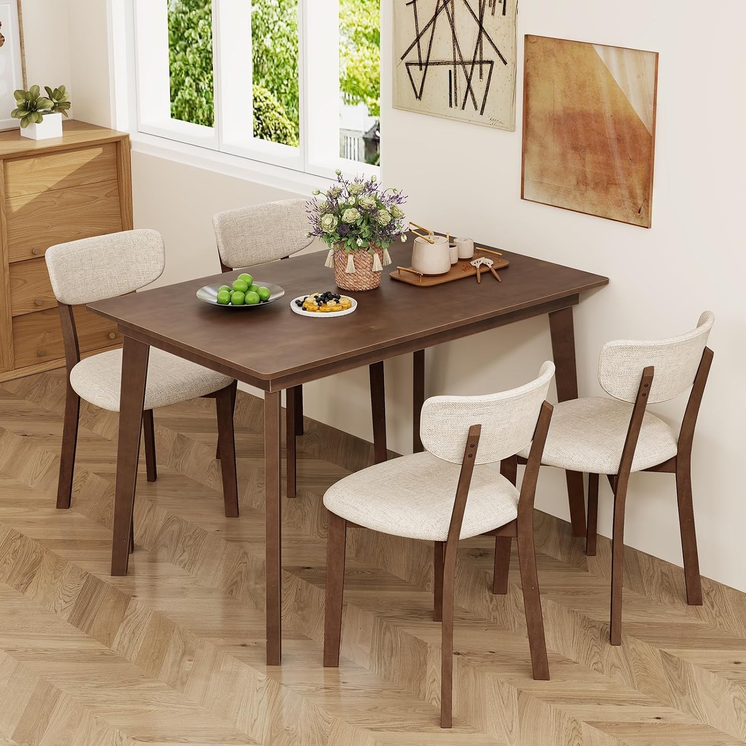 Dining Table for 4, 48" Rectangular Wooden Kitchen Table with Solid Rubber Wood