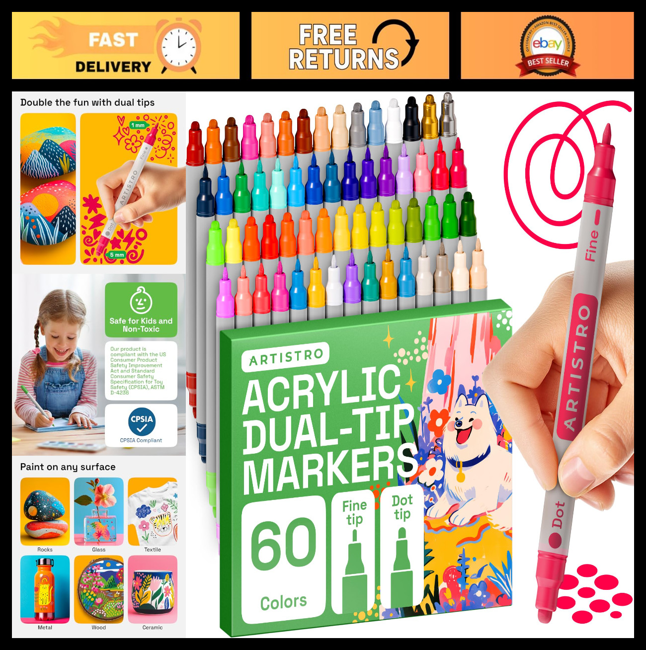 60 Dual-Tip Acrylic Paint Markers Set - Fine & Dot Tips for Fabric, Rock, Glass,