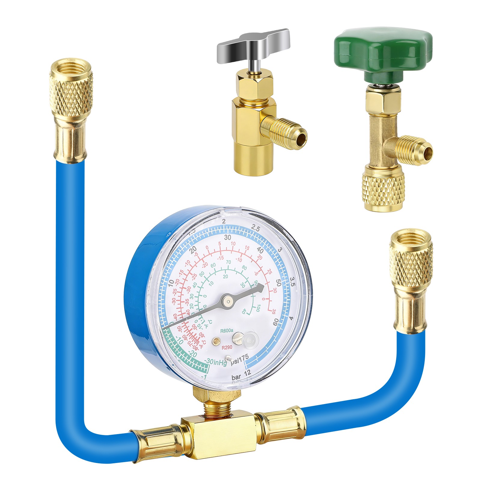 R290 R600A Refrigerant Charging Manifold Hose Kit AC Recharge w/ Gauge & Can Tap