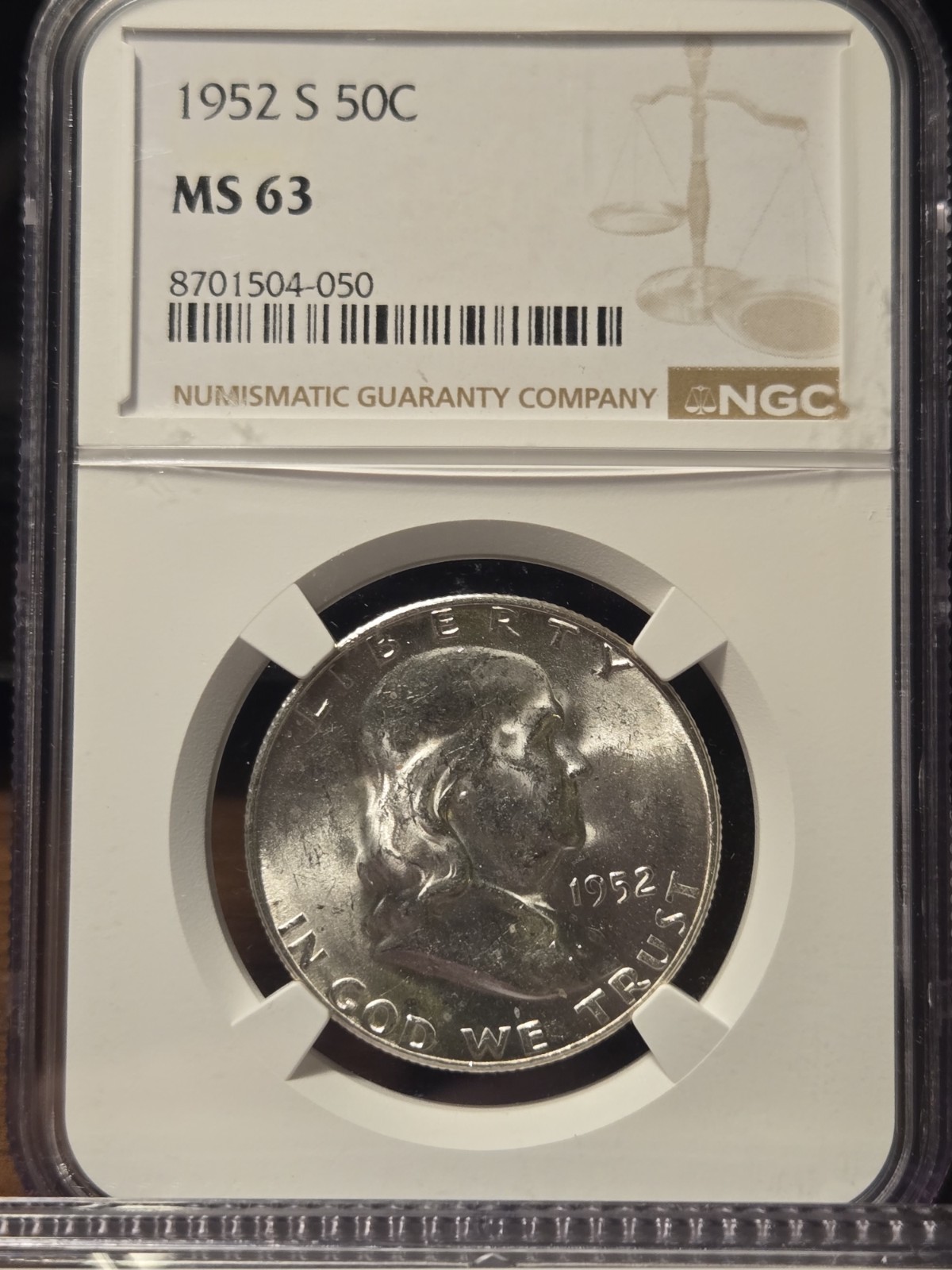 1952 S Franklin Silver Half Dollar NGC MS 63
