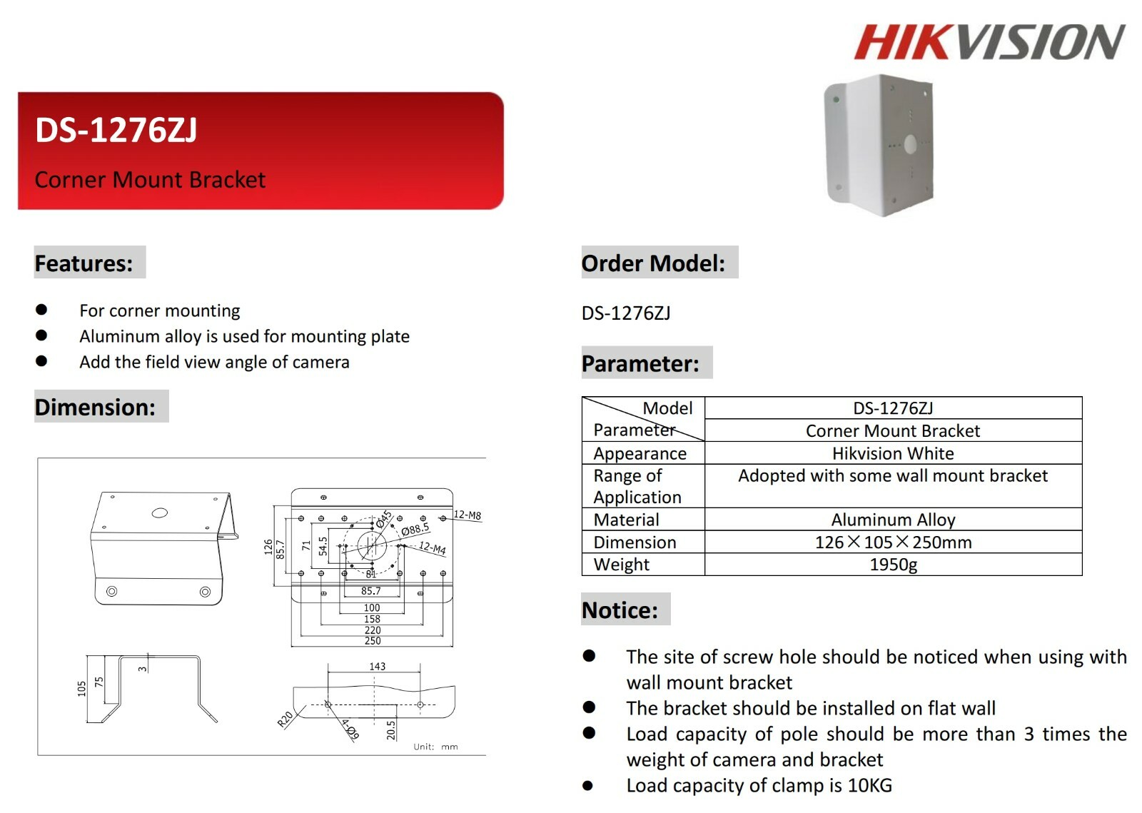 Hikvision DS-1276Z Universal Corner Bracket Adapter for Most CCTV Wall Mounts