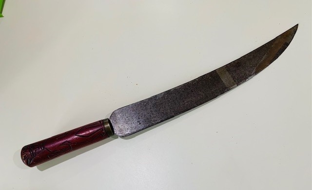 Vintage AFRICAN TRIBAL PANGA Style BLADE KNIFE with Hand Carved Wooden Handle