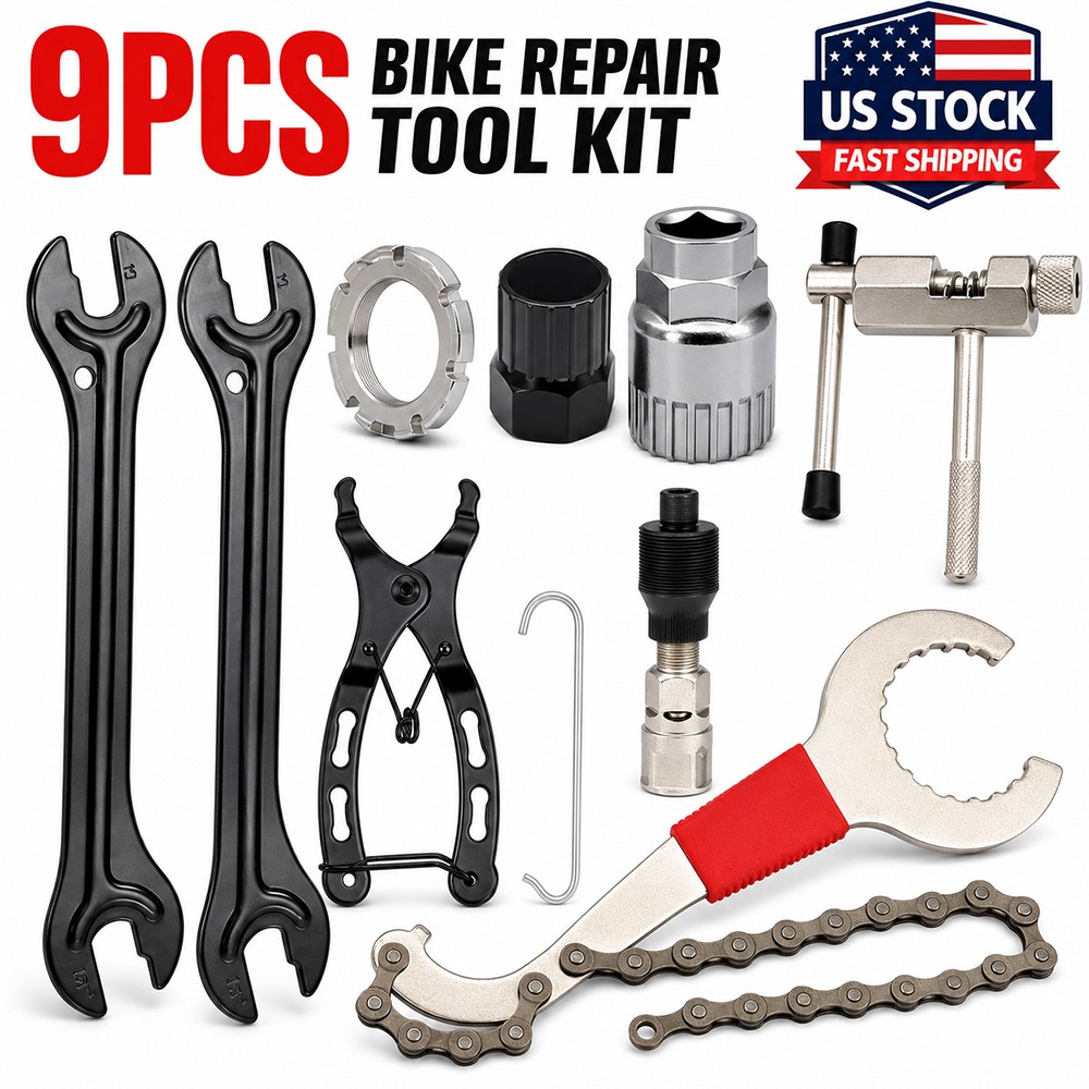 9PCS Bike Repair Tool Kit Chain Breaker Crank Puller Cassette Freewheel Wrench