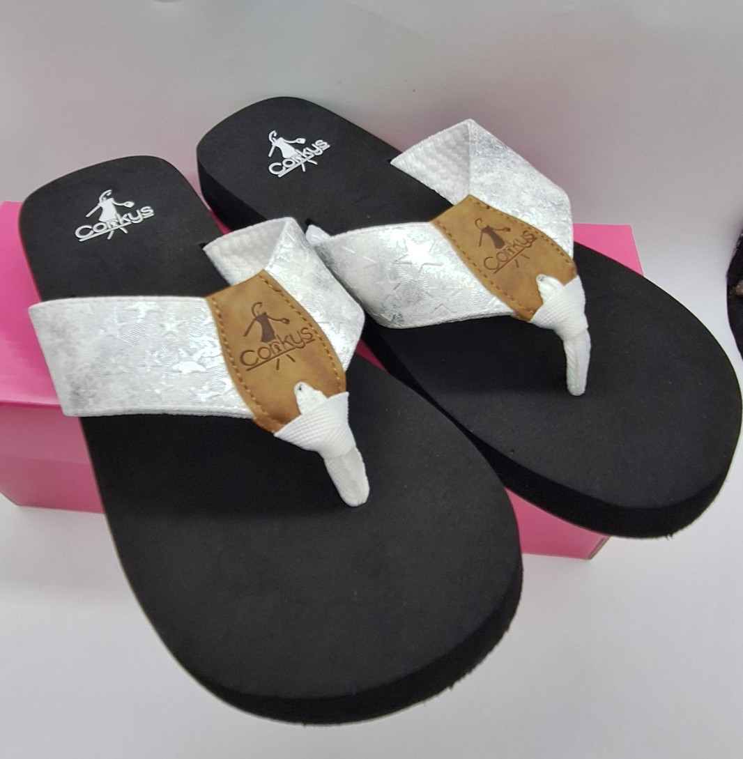 Corkys Ahoy Flip Flops White Stars Patriotic Freedom Thong Sandals women size 10