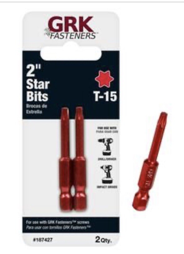 GRK #187427, T-15, 2-in. RED Steel Star Bits, One 2-pack = Two Bits