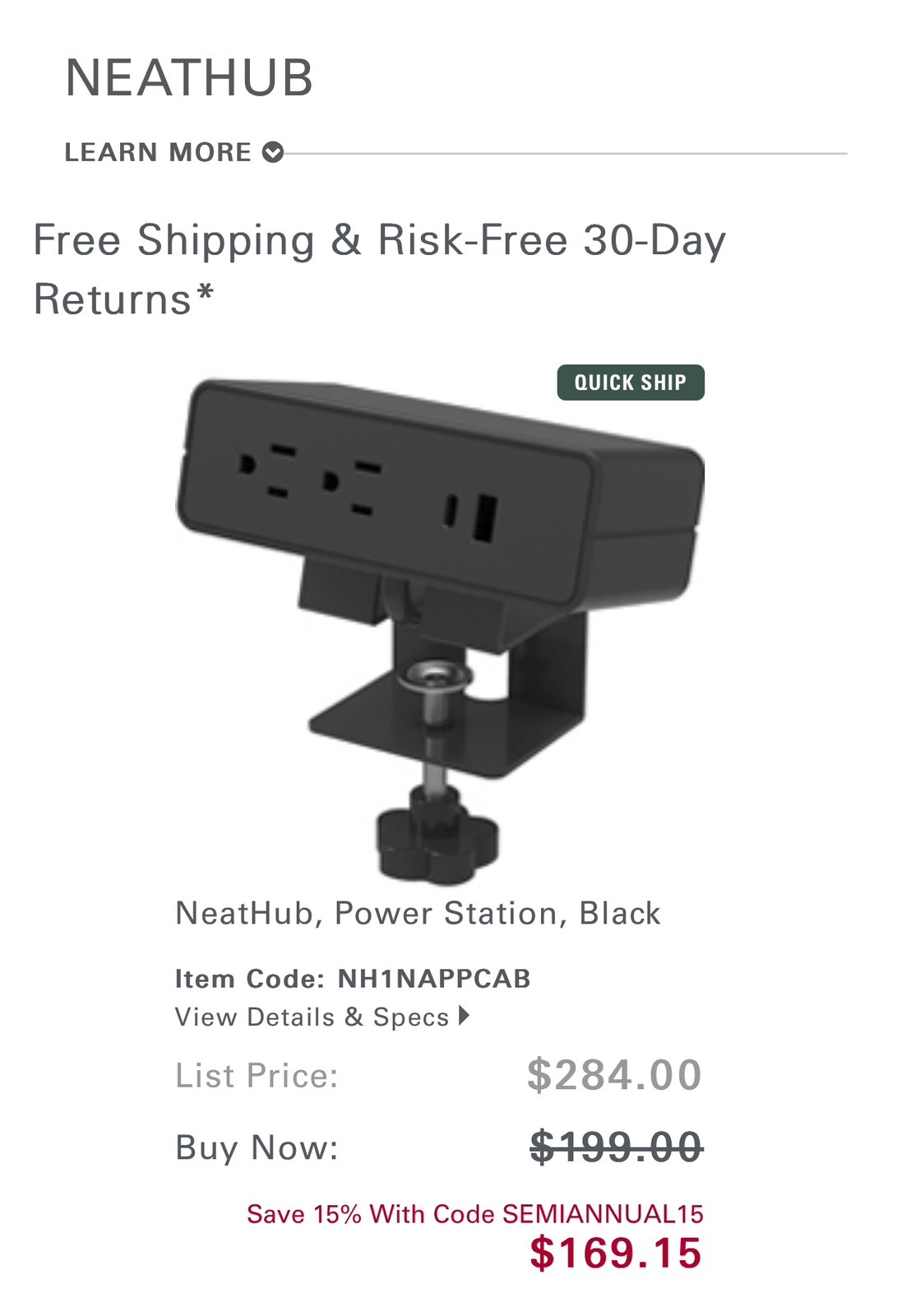 Humanscale NeatHub NEATHUB-W Neat Hub Black New