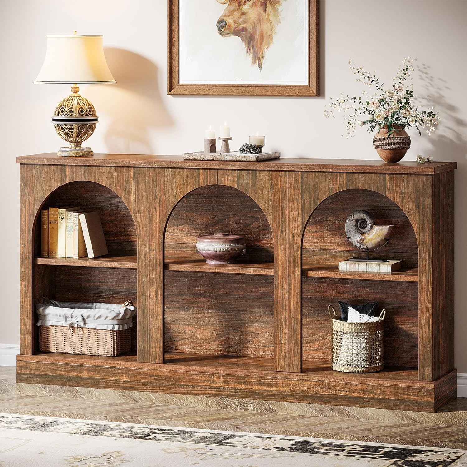 63-Inch Farmhouse Console Table, Rectangular Wooden Entryway Table with Storage