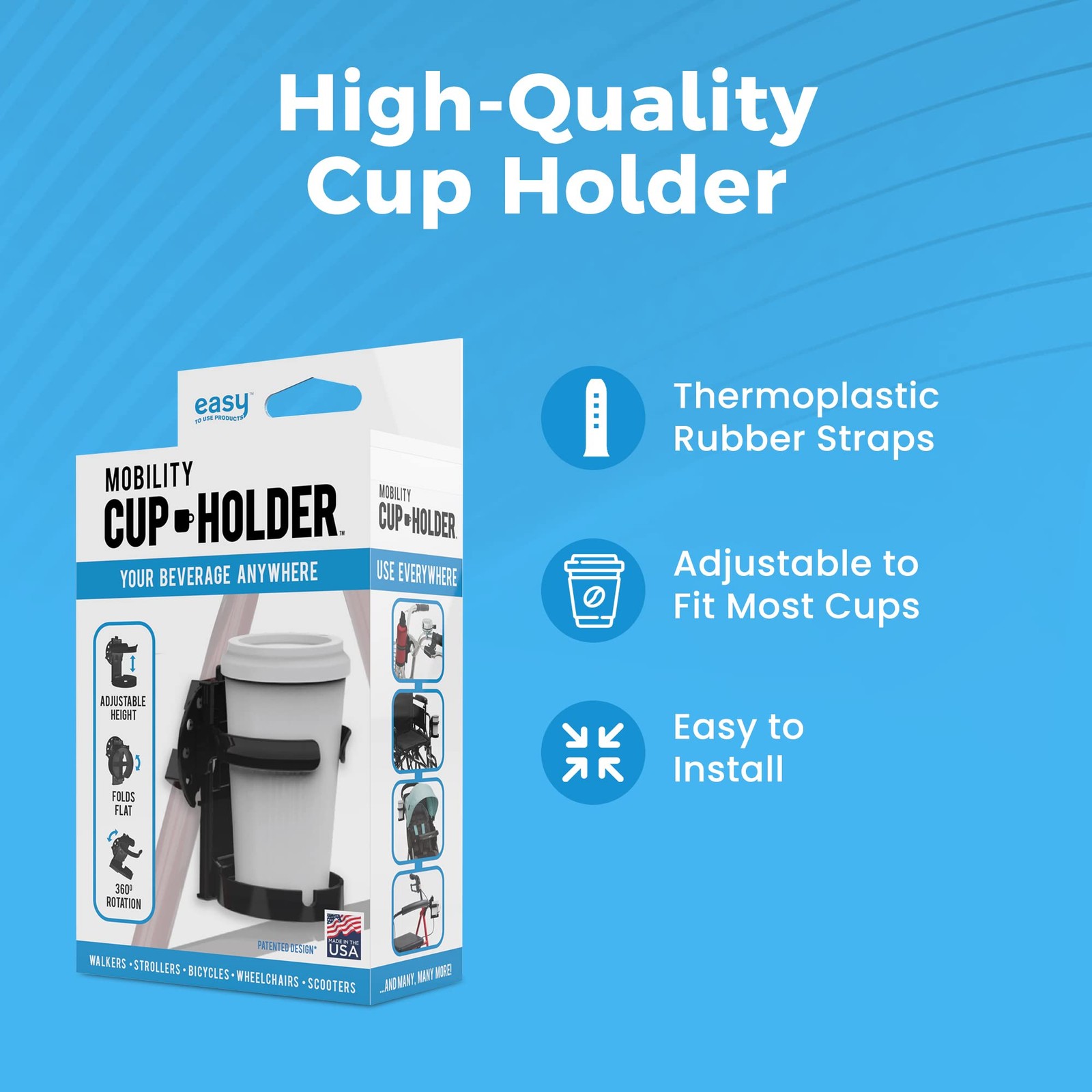 Mobility Cup Holder For Adults - Portable Drink for Single Pack, Black