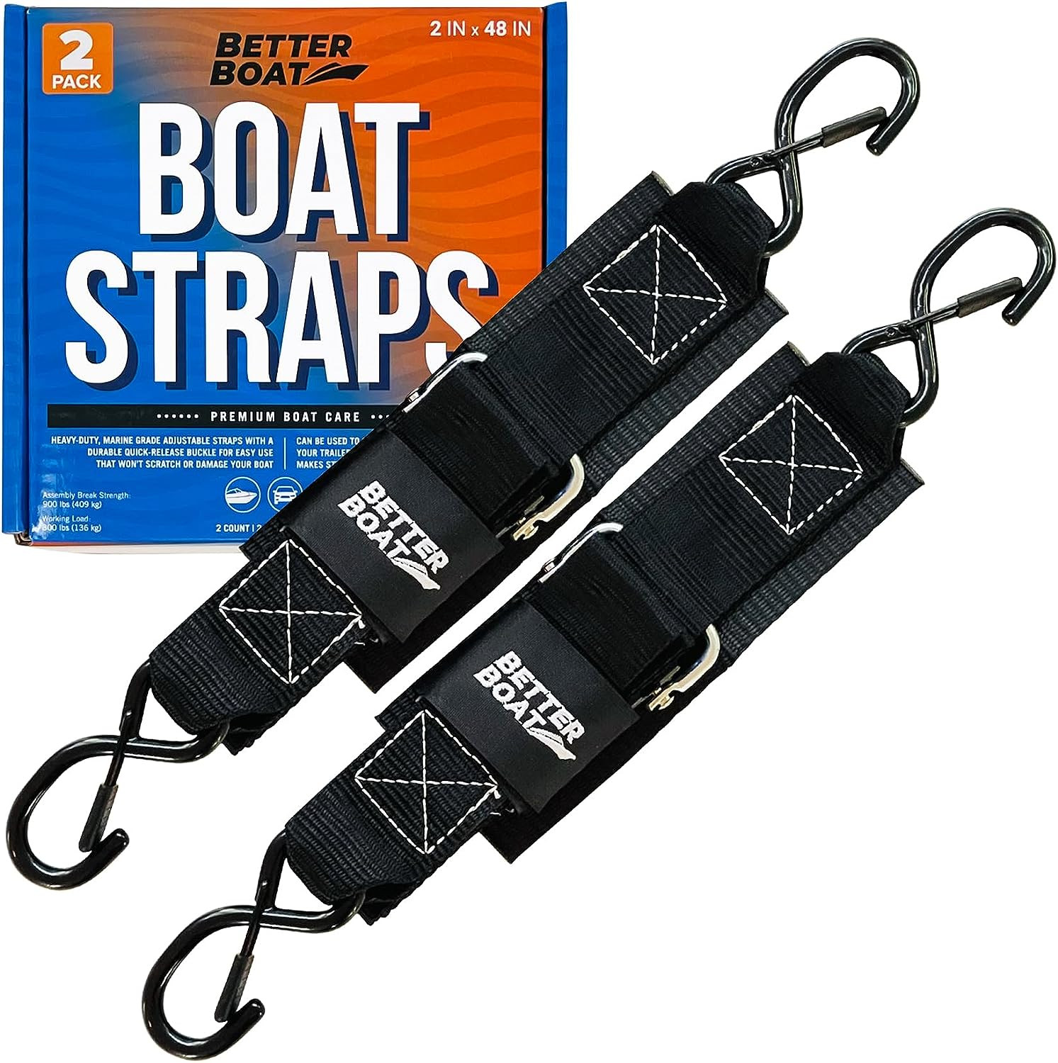 Boat Tie Down Straps to Trailer, 2 Inch x 48 Inch Marine Grade Transom Straps, H