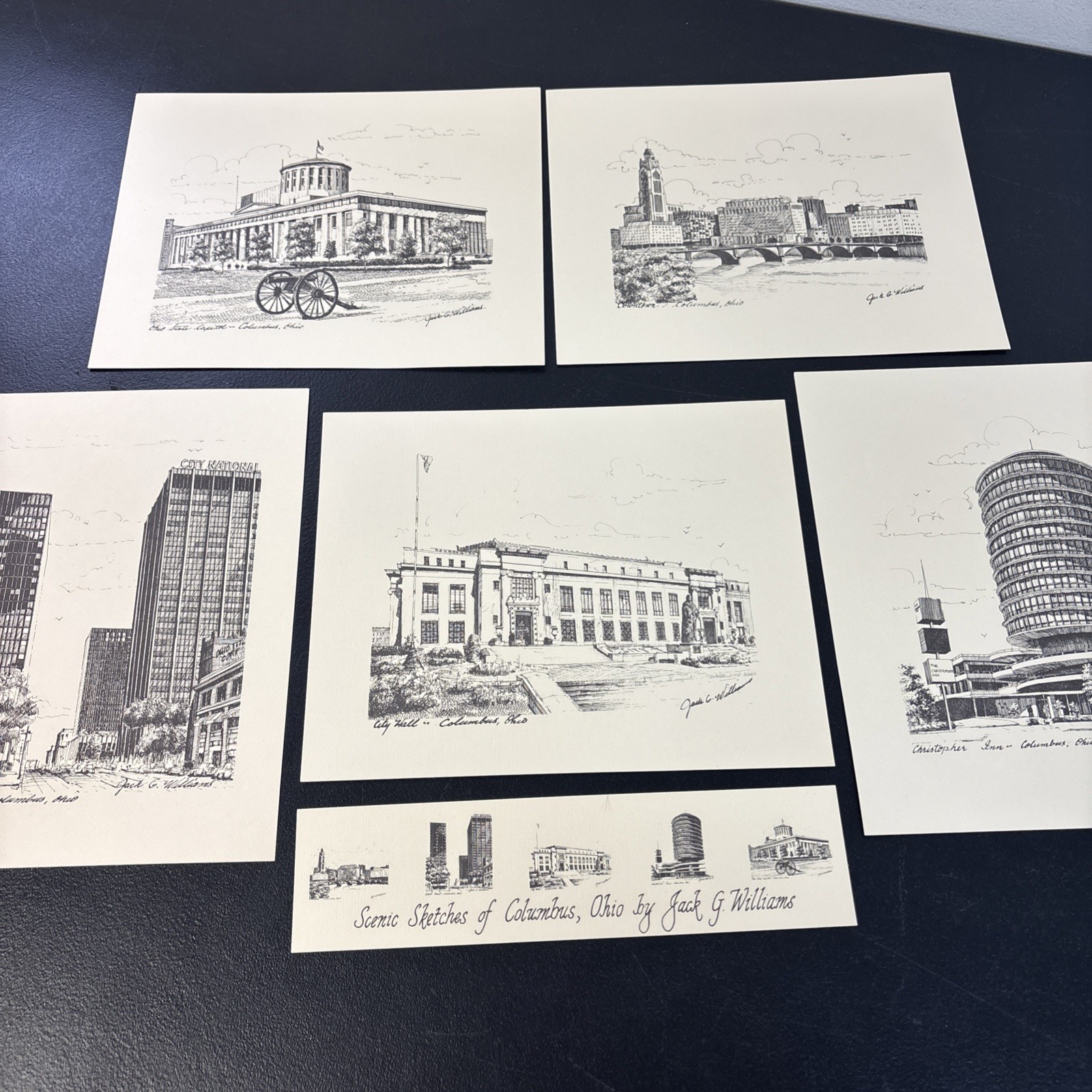 Vtg Unused Ink Sketches Columbus Ohio Scenes by Jack G. Williams 8 x 10 Set of 5