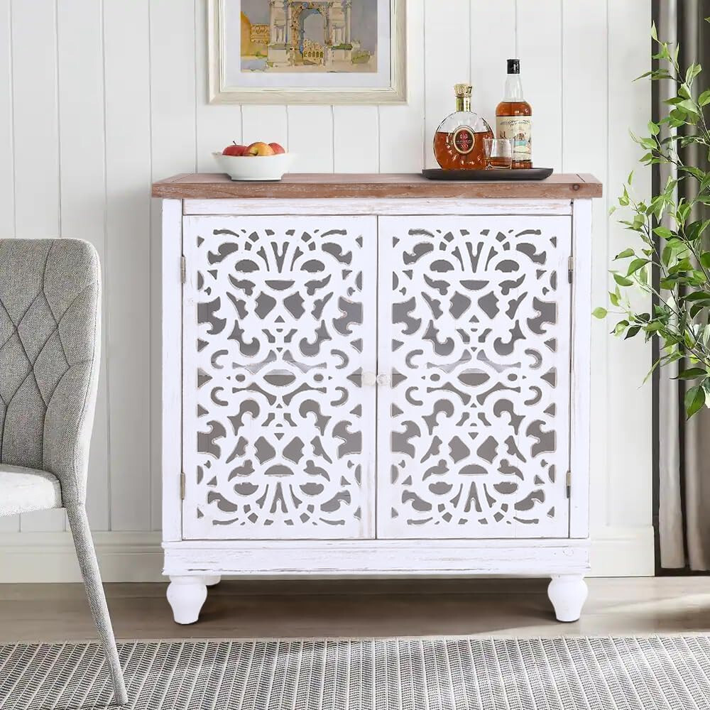 Buffet Sideboard Accent Storage Cabinet Decorative Hollow-Carved Retro 2 Doors