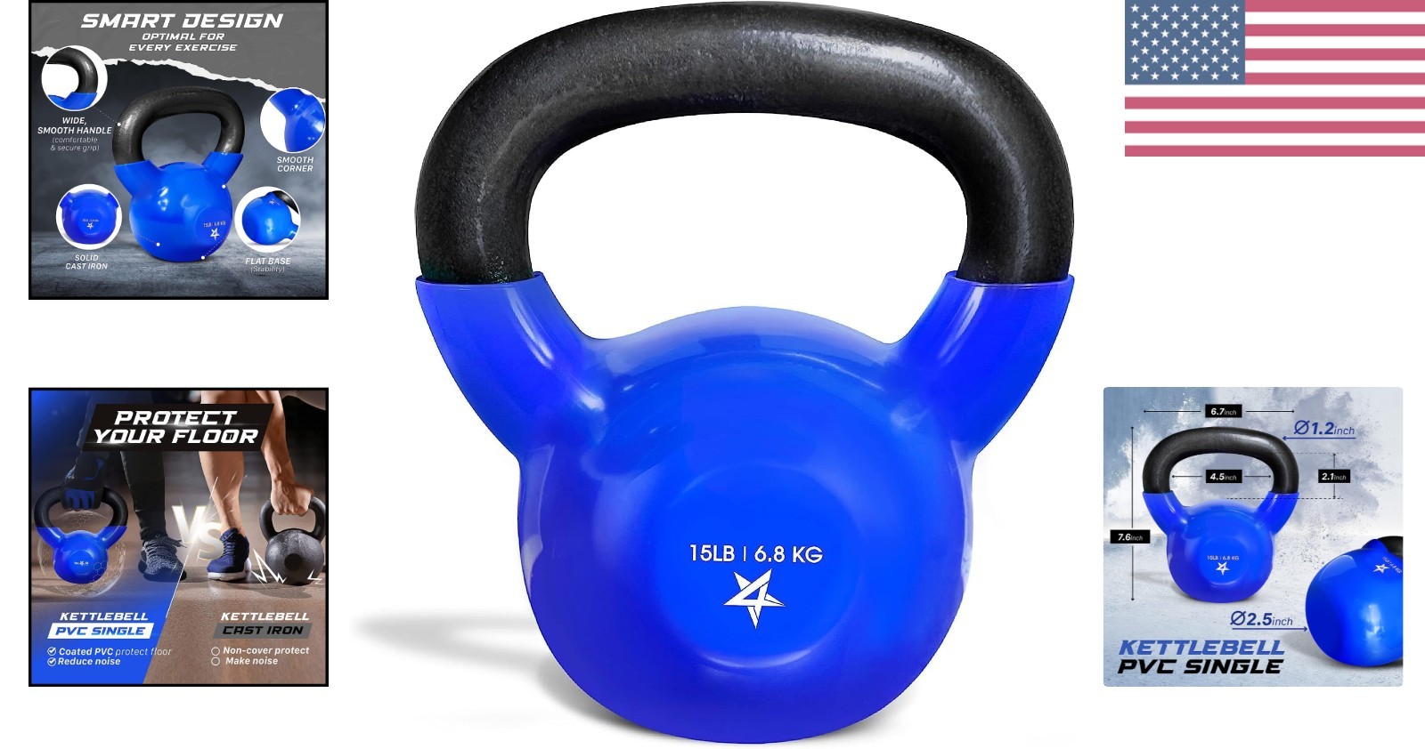 Durable 15 LB Cast Iron Kettlebell with Vinyl Coating for Strength Training