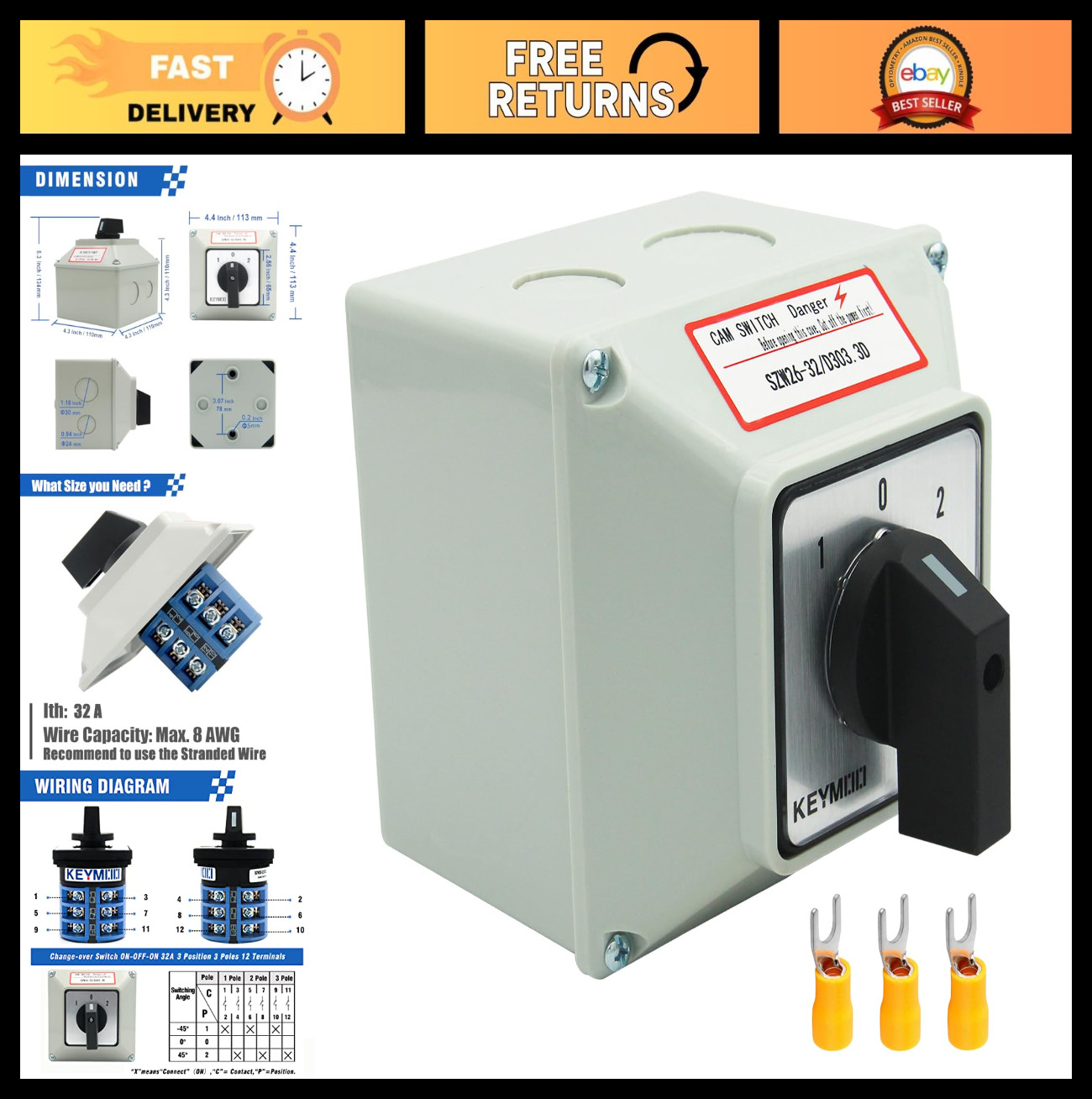 32A Rotary Changeover Switch 3-Position 3 Phase, IP65 Cam Switch Box, 12 Termina