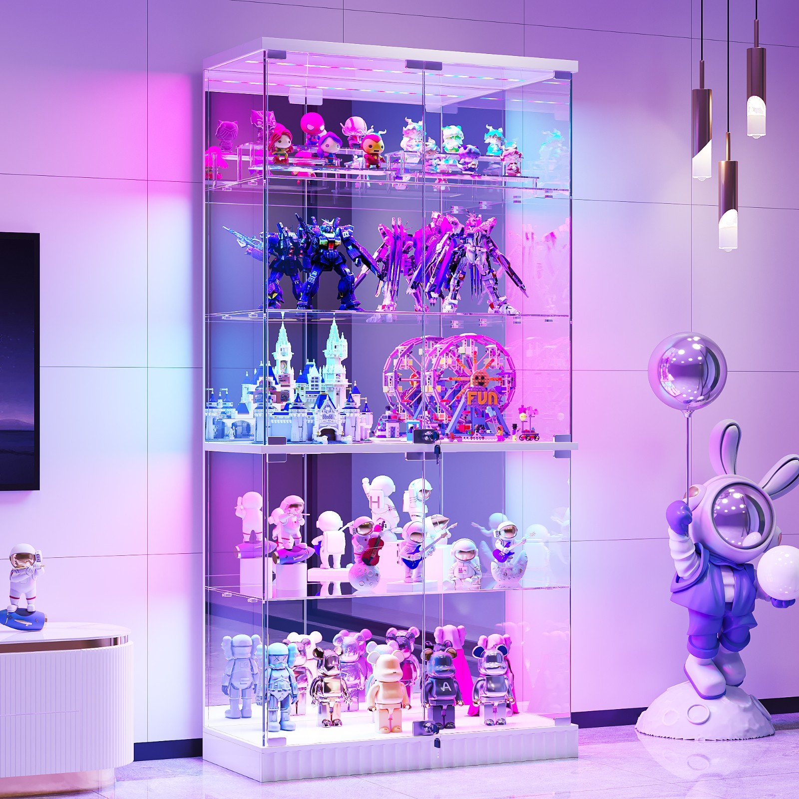 5-Tier Glass Display Cabinet with Glass Doors, Curio Cabinet with RGB Lights