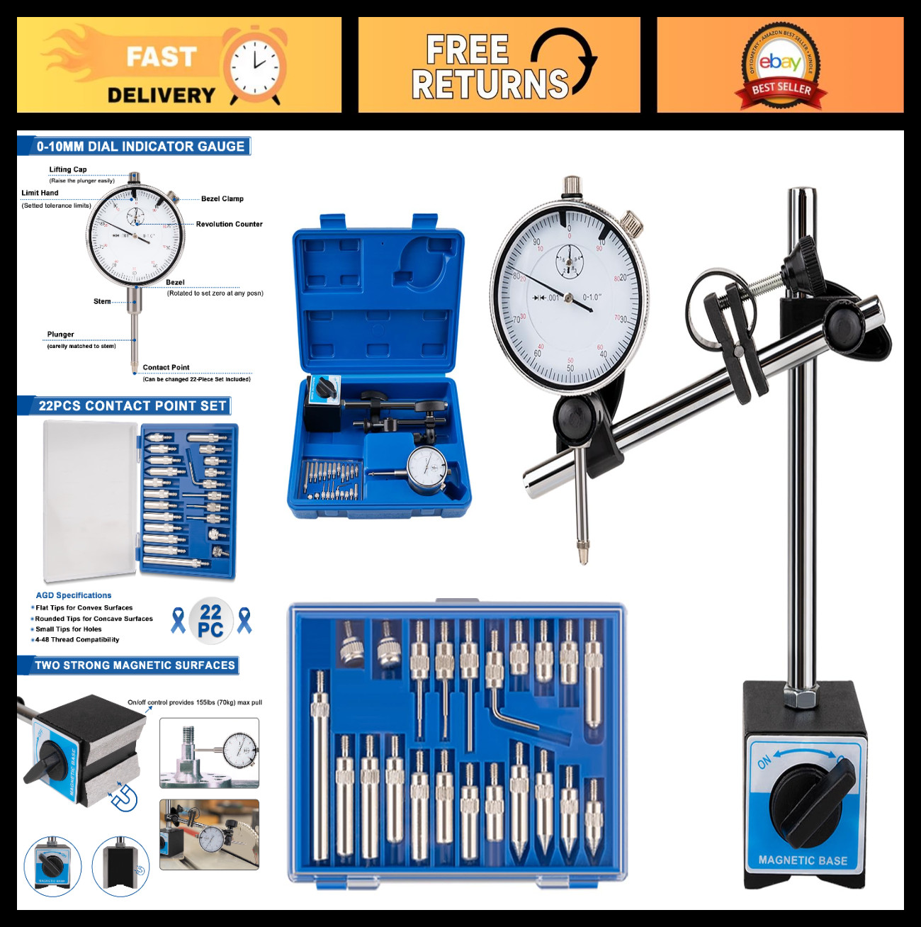 Precision Dial Indicator Set with Magnetic Base, 0-1"×0.001" Adjustable Arm for