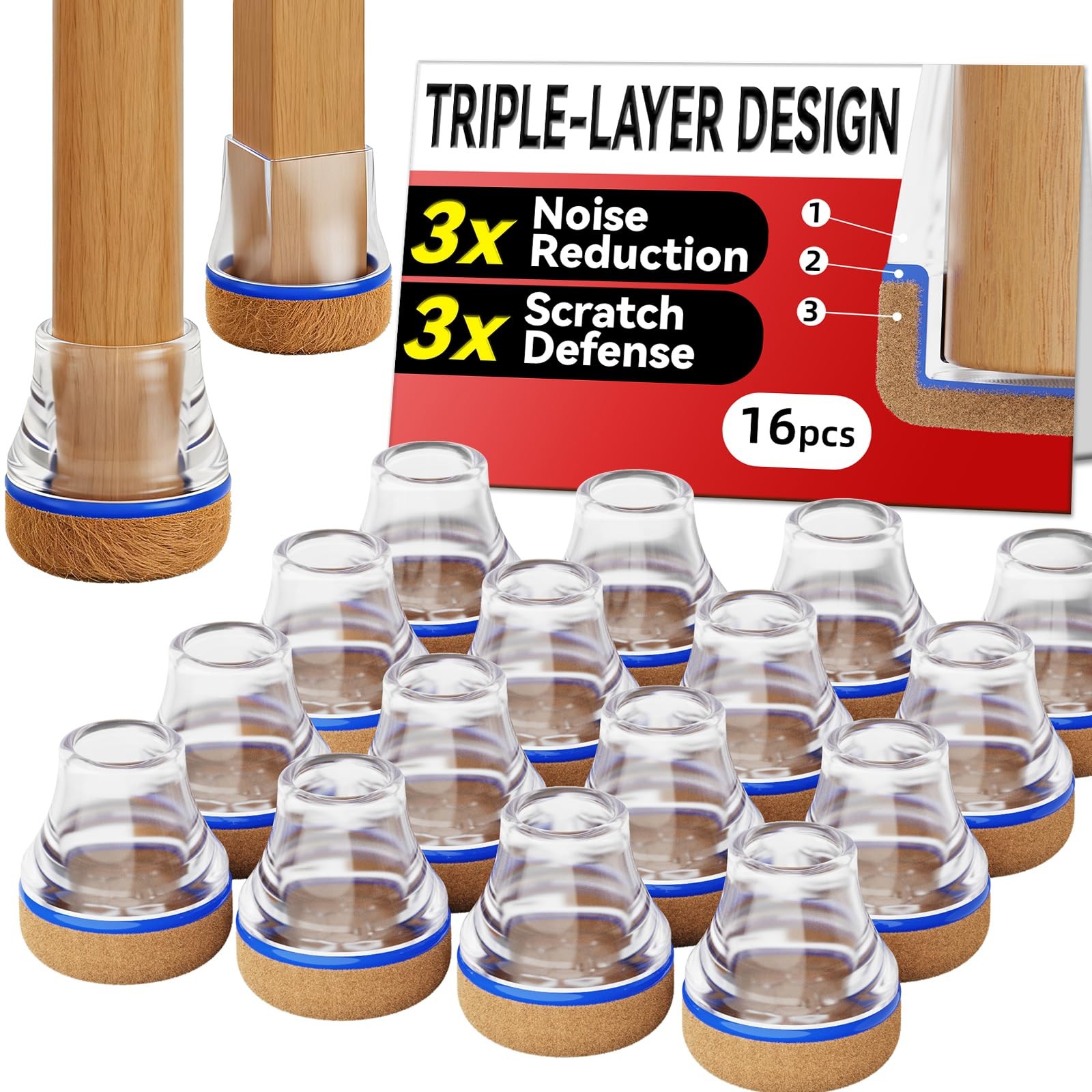 Chair Leg Floor Protectors for Hardwood Floors, Triple-Layer Design Silicone ...
