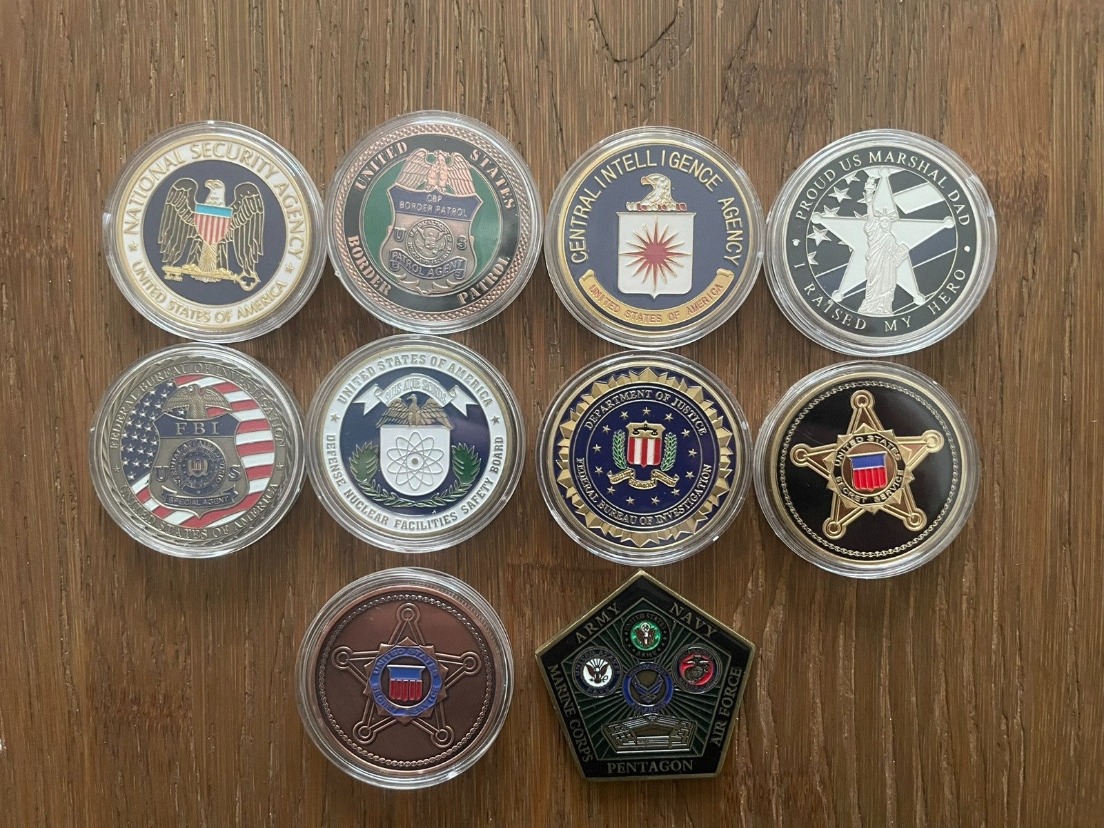 FEDERAL LAW ENFORCEMENT CHALLENGE COIN LOT OF 10 FBI, CIA, NSA, MARSHALS, SS