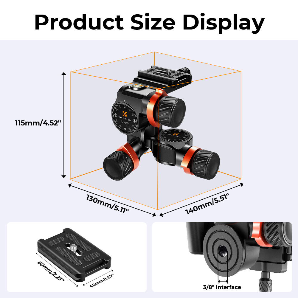 K&F Concept 3-Way Geared Head Tripod Head Aluminum for DSLR SLR Arca-Swiss GW-3D