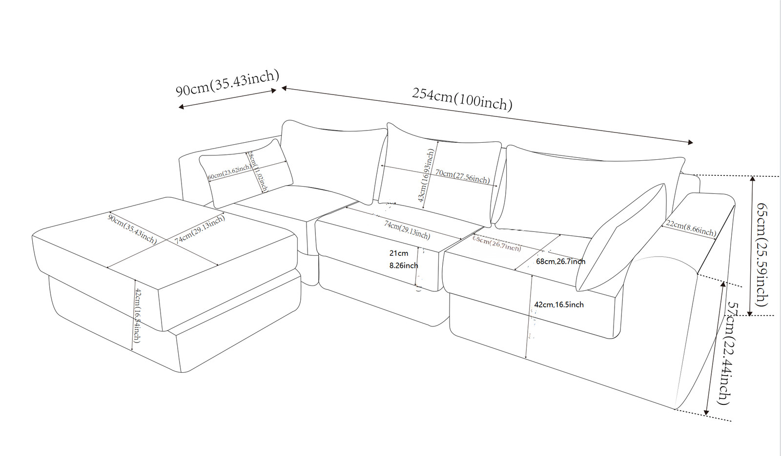 Upholstered Sectional Sofa 100" L-Shaped Corduroy Grey Modular