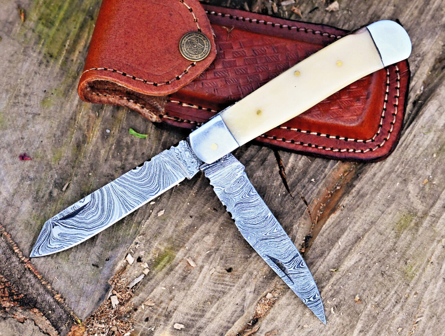 HandMade Trapper Pocket Knife EDC - Hand Forged Damascus Two Folding Blades 1009