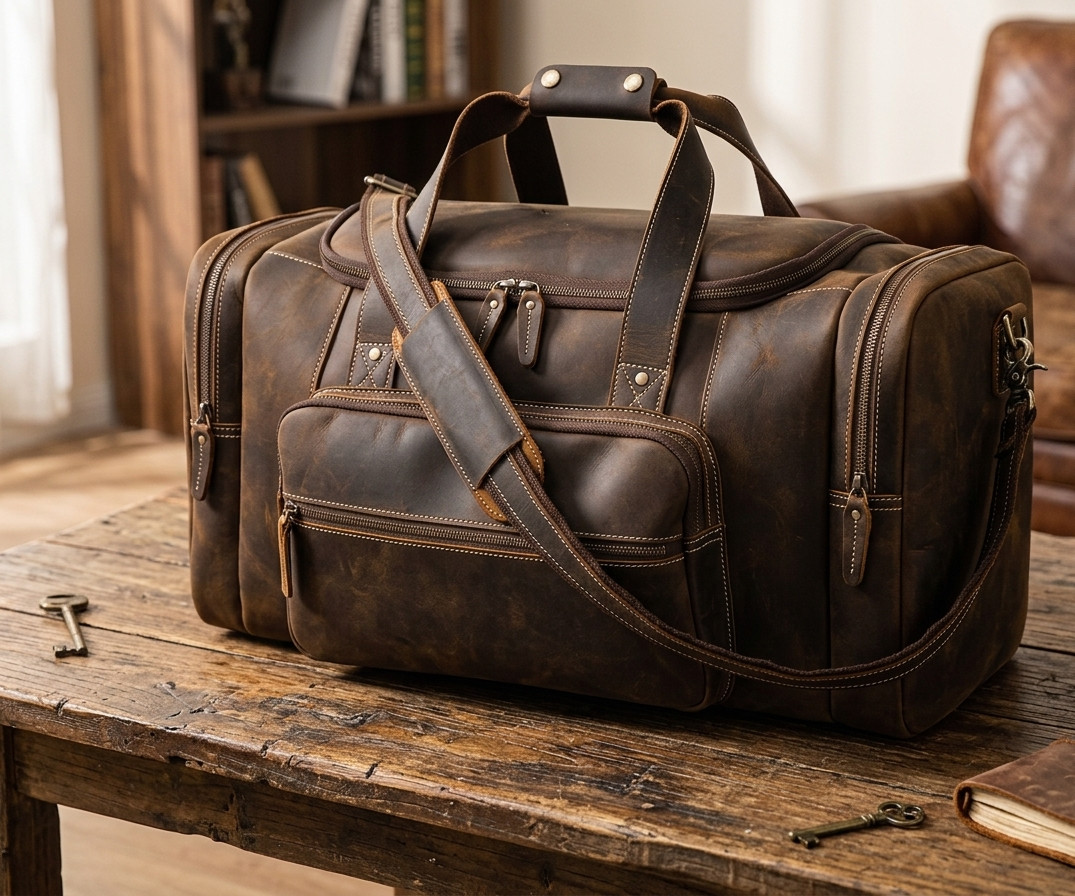 Full Grain Leather Duffle Bag Travel Weekender Overnight Thick Large Unisex Bag