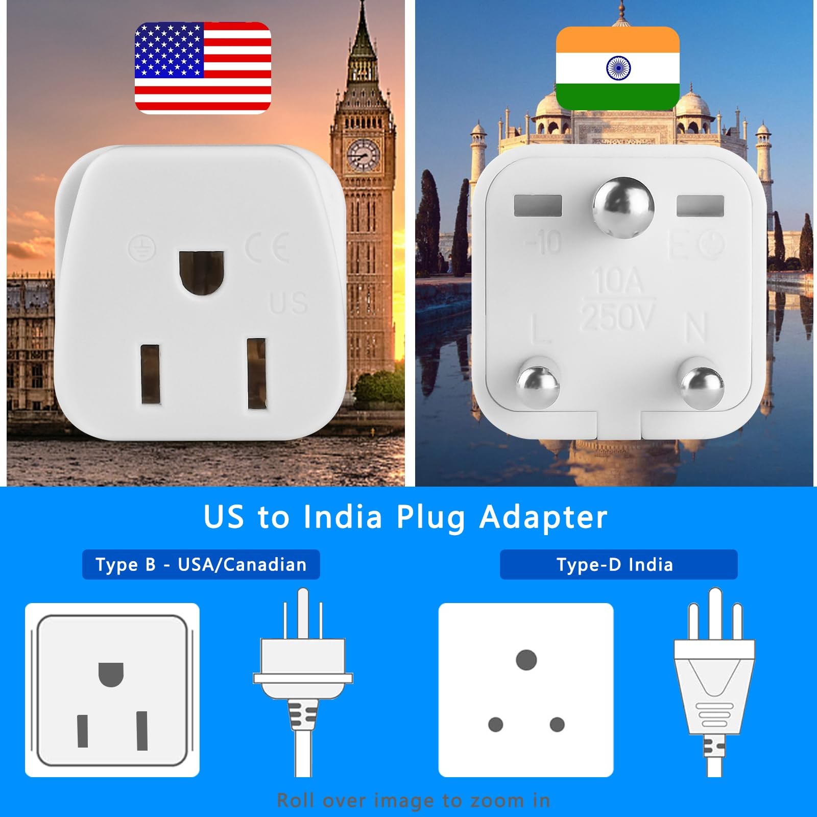 US to India Plug Adapter,Type D Adapter Power Adapte White