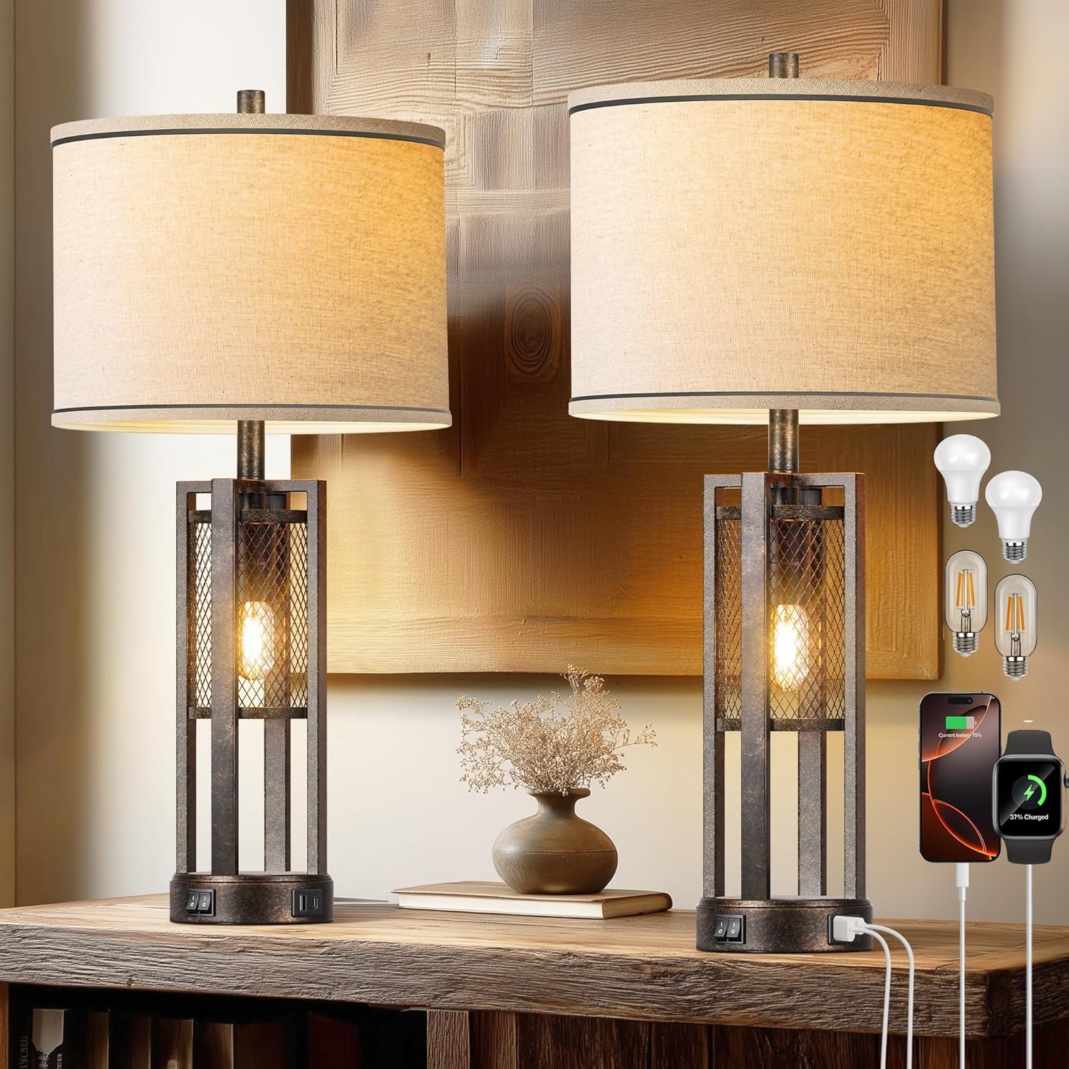 28'' Farmhouse Industrial Table Lamp Set of 2 - Rustic Bedside Bronze