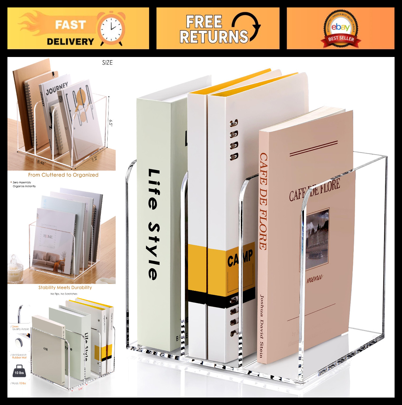 Clear Acrylic Magazine File Organizer - 3-Slot Compartment Sorter & Bookend for
