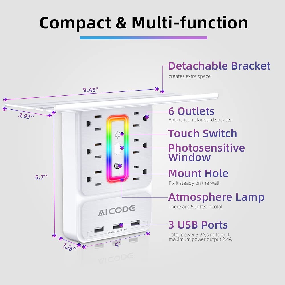 Socket Outlet Shelfwall Outlet Surge Protector6 Electrical Outlet Splitter With