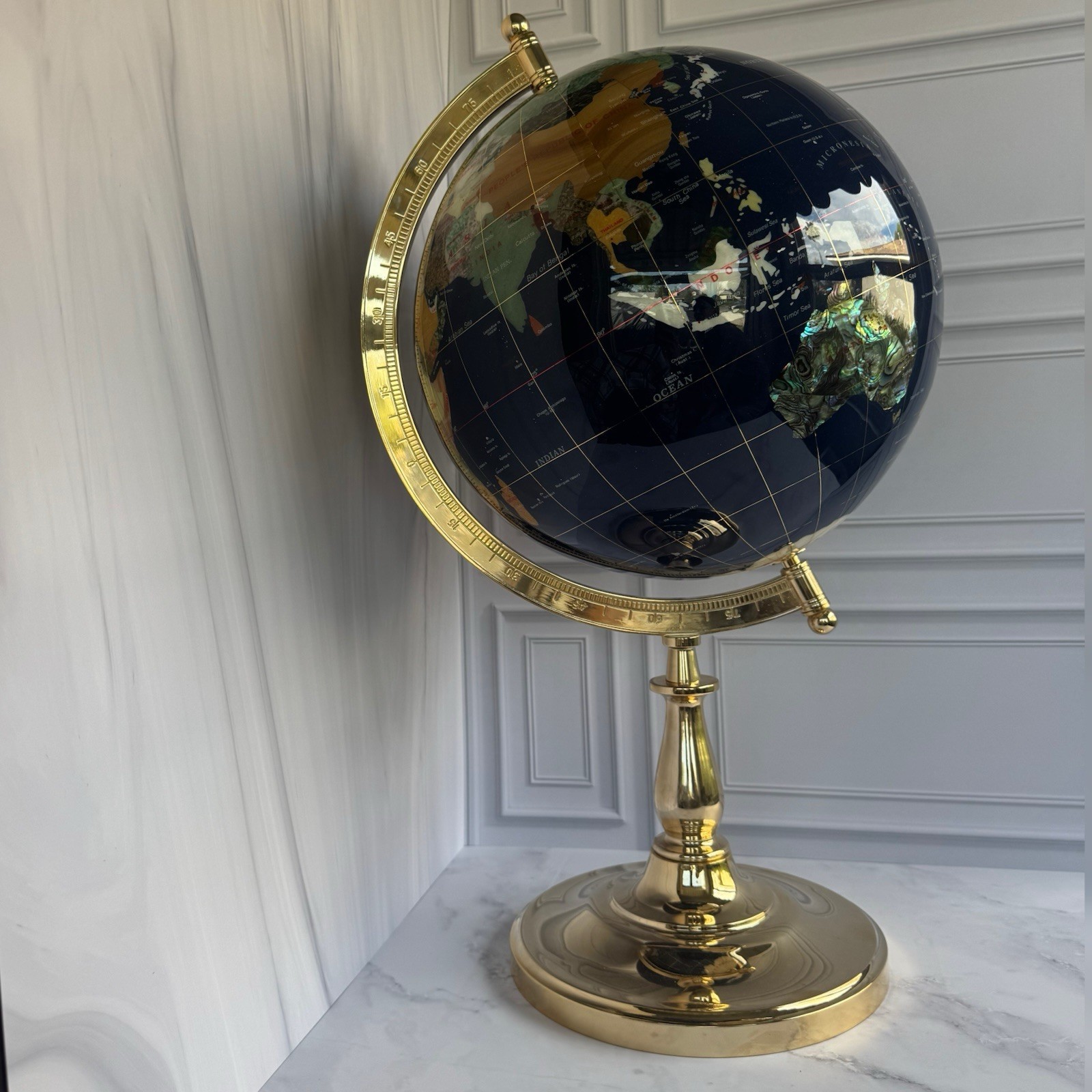🌍 Large Semi-Precious Stone World Globe on Brass Stand