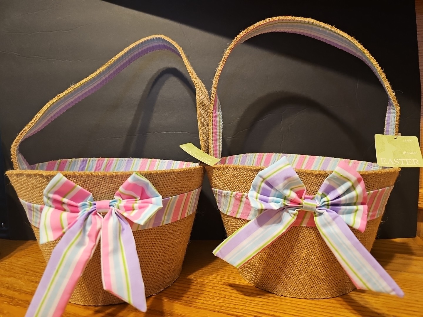 2 NEW Lightweight BURLAP FABRIC EASTER BASKET PASTEL Striped Ribbon FREE SHIP