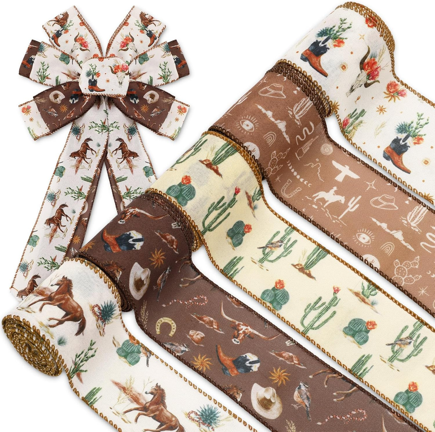 Western Cowboy Wired Edge Ribbon Wild West Horse Cactus Craft Ribbon Beige Brown