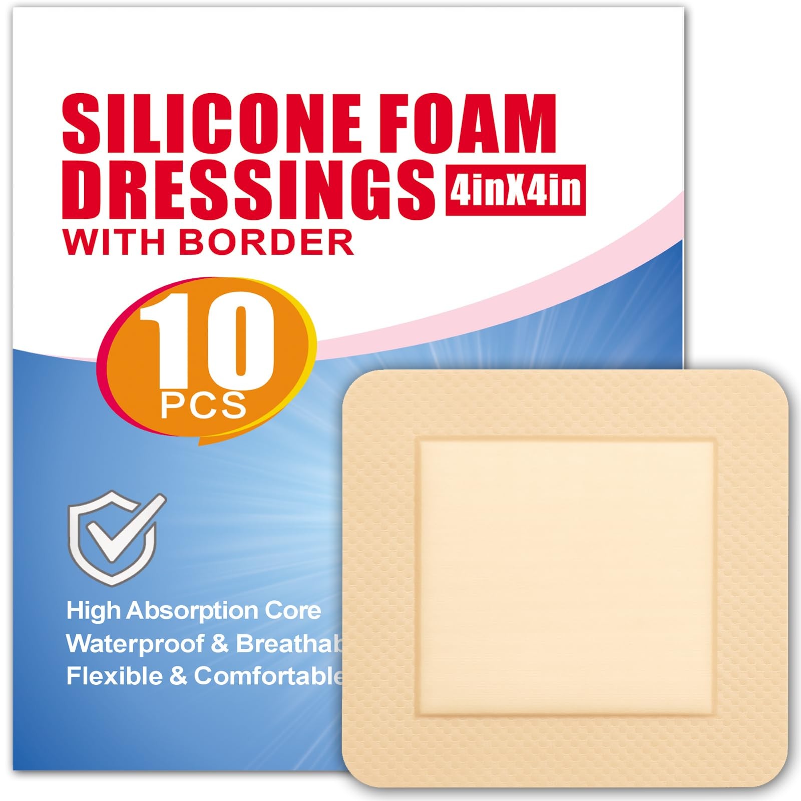 Silicone Foam Dressings with Border 4"x4", 10 4x4 Inch (10Pcs), Skin Color