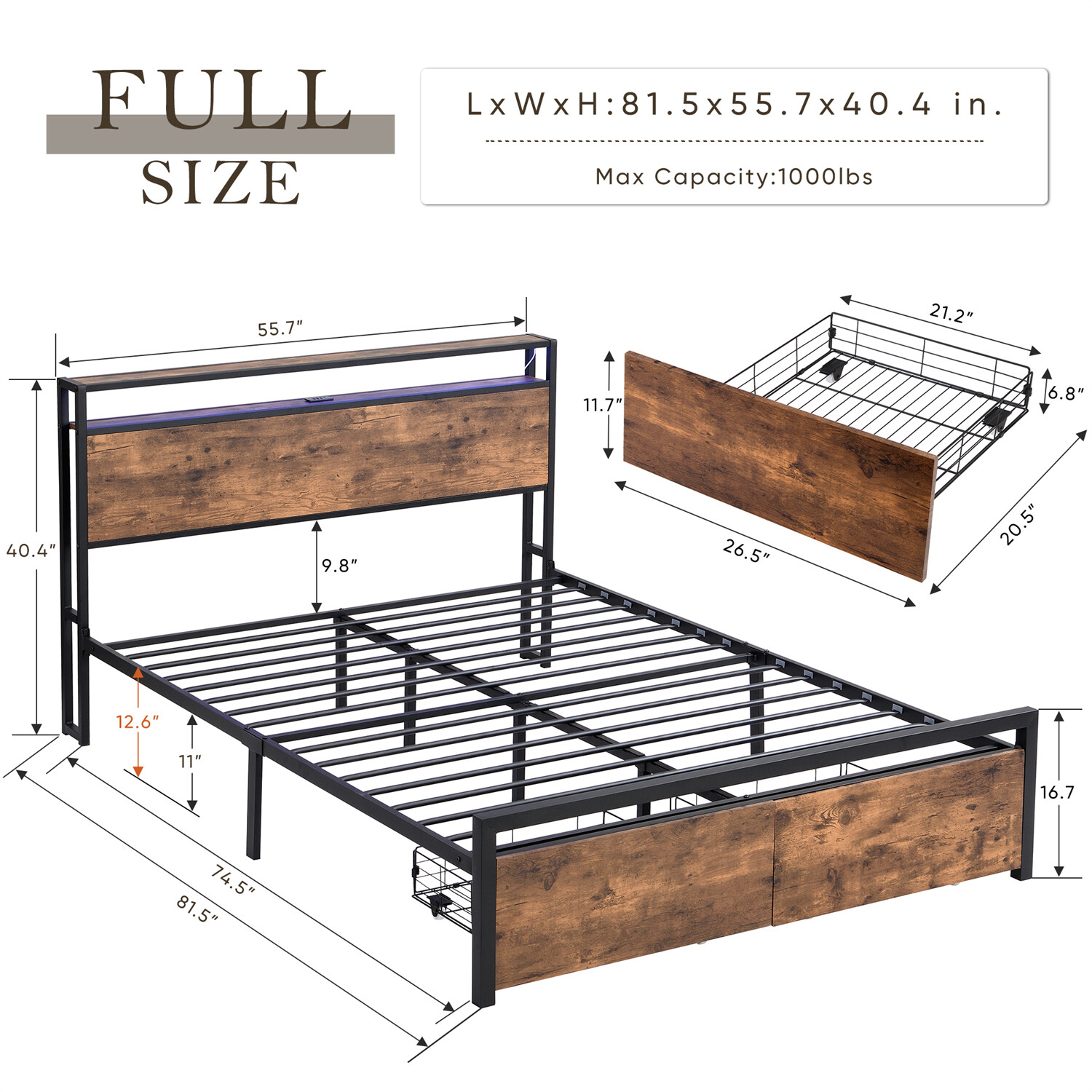 Full Size LED Bed Frame w/ Storage Headboard & 2 Drawers Metal Platform Bed