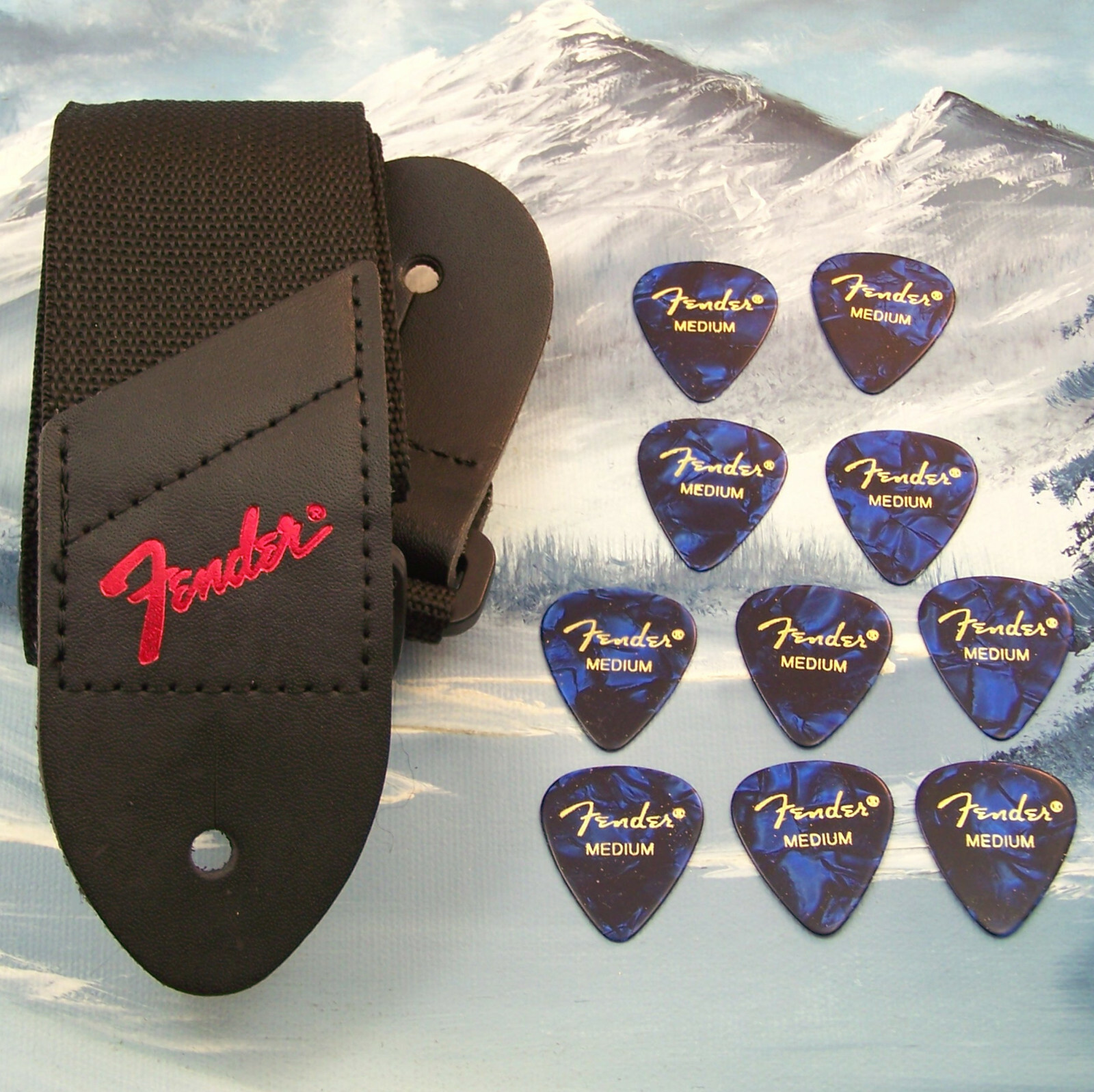 GUITAR STRAP ~ GENUINE FENDER ~ BLACK w/ RED LOGO  + 10 MEDIUM BLUE 351 PICKS