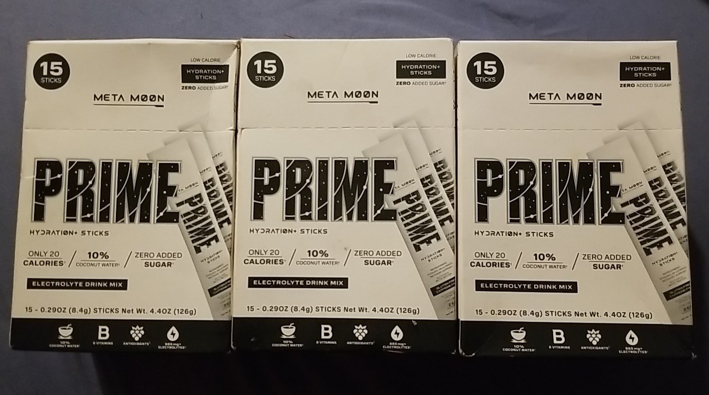 EXP 6/26 - Lot Of 3 NEW Boxes Prime Hydration Sticks Meta Moon 15 Per Box 0.29oz
