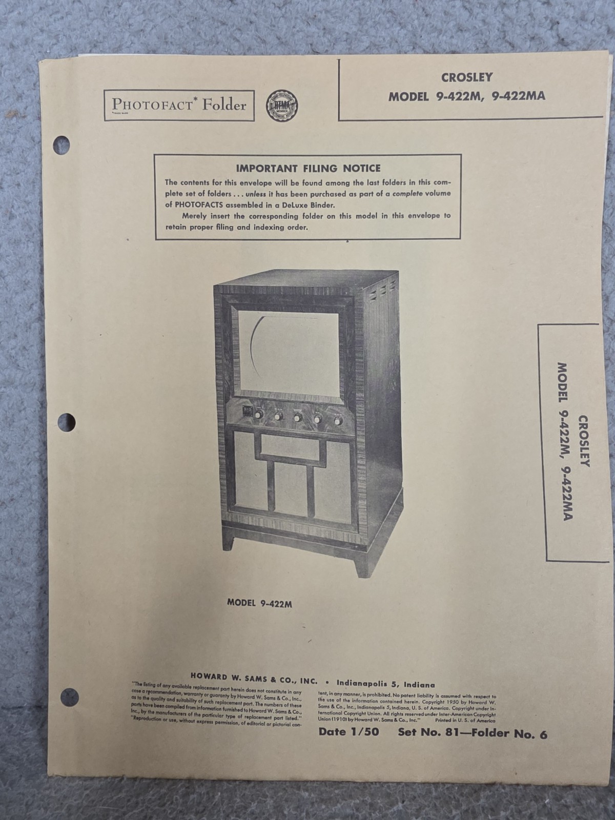Crosley Model 9-422M, 9-42A Sams Photofact 1950 Television Technical Manual