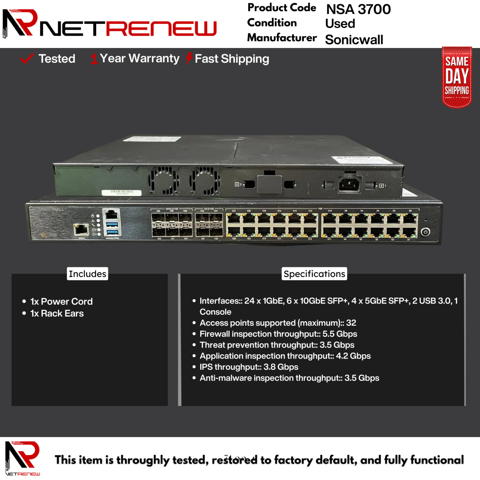 NSA 3700 SonicWall  Firewall   24x 1G 4x 5GB SFP+ 6x 10GB SFP+ 02-SSC-4326