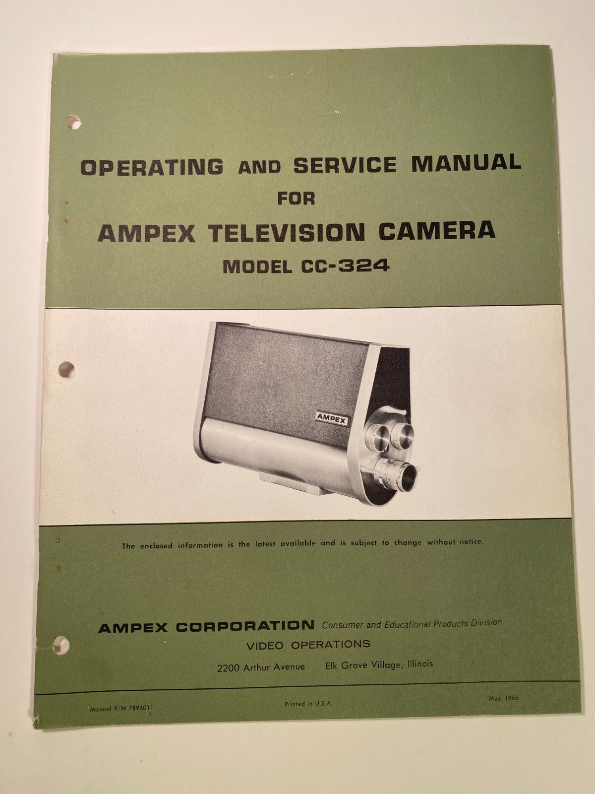 AMPEX Television Camera Model CC-324, Operating and Service Repair MANUAL