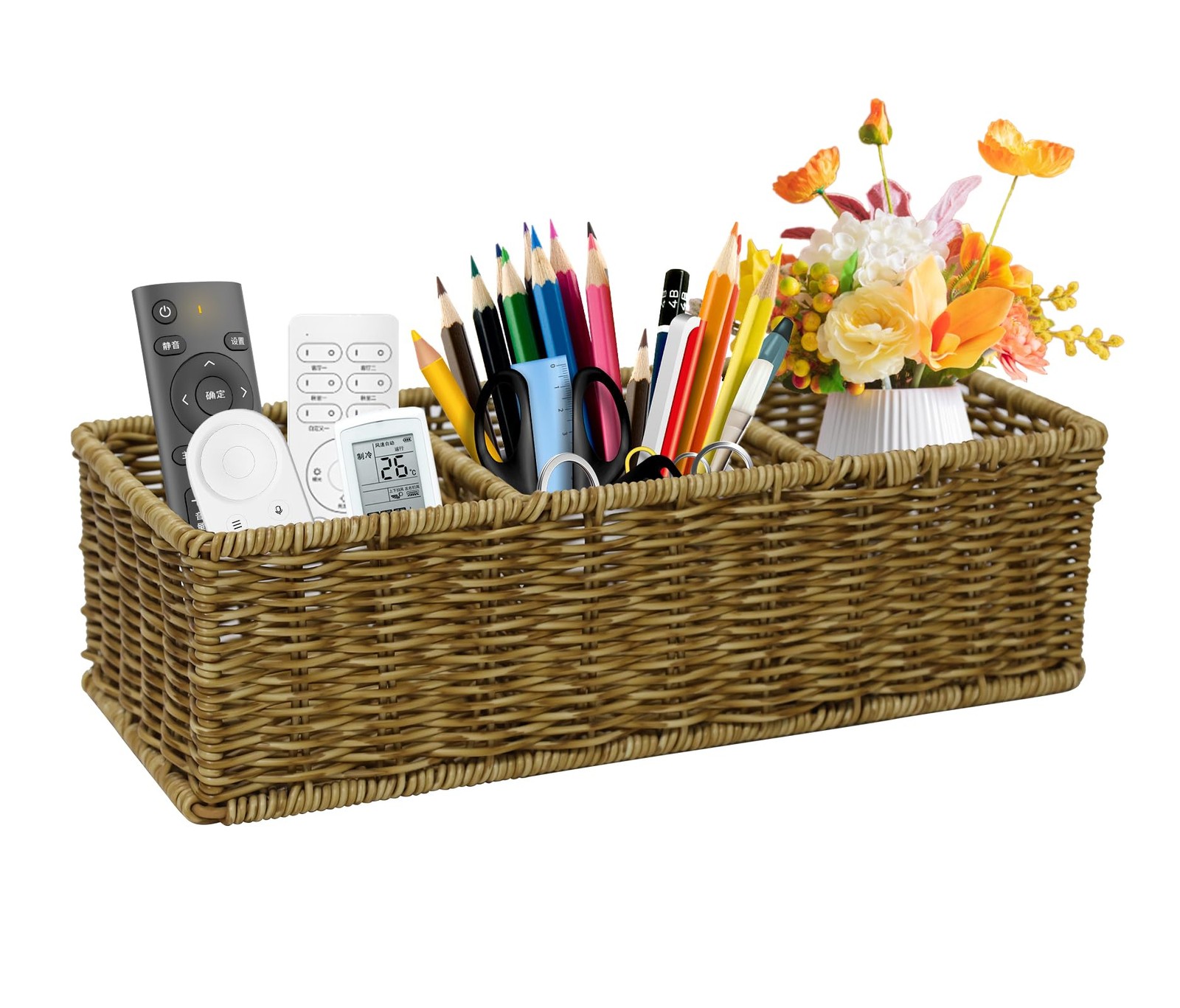 Remote Control Holder TV Storage Basket Handwoven Wicker 3 Compartment Caddy